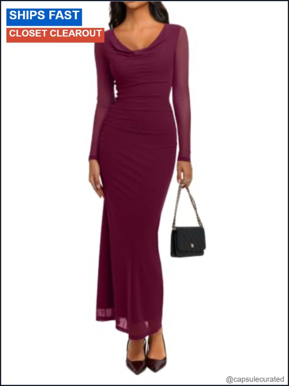 REORIA Women's Long Sleeve Cowl Neck Mesh Bodycon Maxi Dress Formal Wedding
